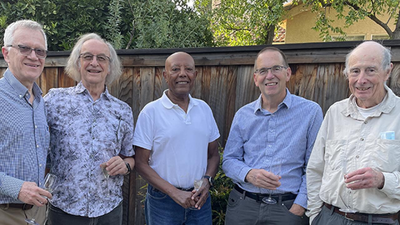 A gathering of NAS members (from left) UC Davis distinguished professor Walter Leal, elected in 2024; distinguished professor Stephen Kowalczykowski, elected in 2007; distinguished professor emeritus Tilahun Yilma, elected in 2004; distinguished professor emeritus J. Clark Lagarias, elected in 2024; and Bruce Hammock, distinguished professor, elected in 1999.
