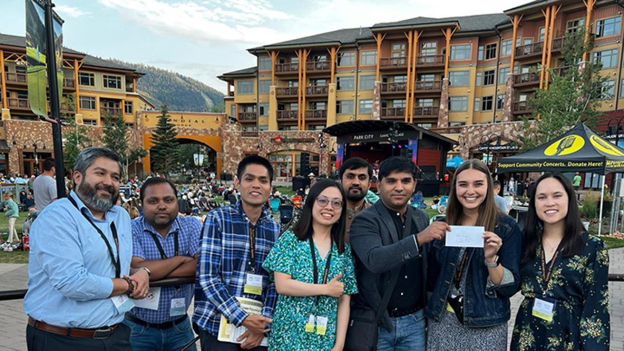 Among those representing the Shahid Siddique lab at the Society of Nematologists' conference in Park City, Utah, were (from left) Bardo Castro, Tushar Dutta, Romnick Latina, Ching-Jung Lin, Syed Shamshullah, Shahid Siddique, Alison Blundell, and Veronica Casey. Blundell won second place in a student competition.