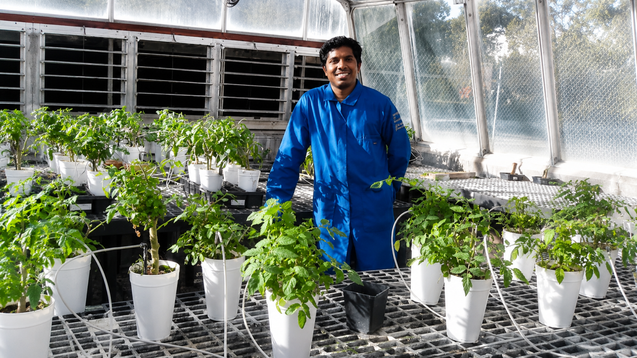 Man in blue lab coat smiling in a sunlit greenhouse among white pots of leafy plants