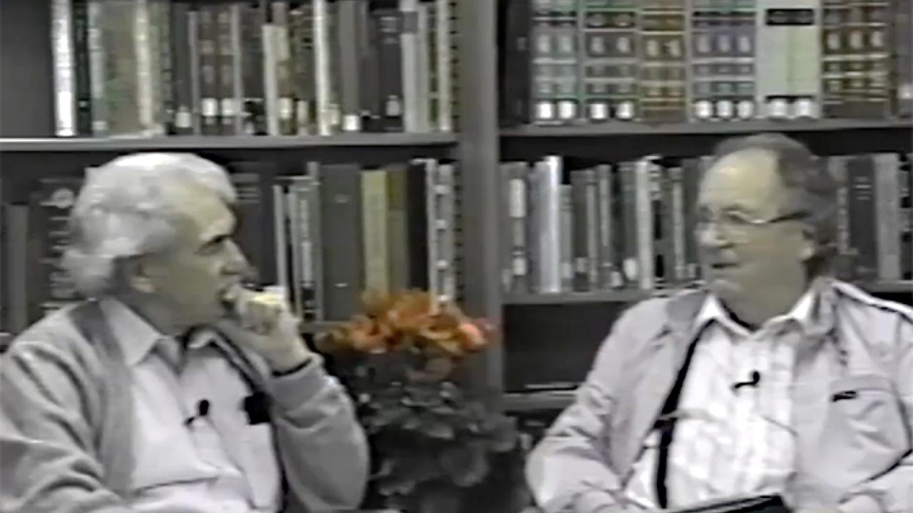 UC Davis professor emeritus Harry Lange (right) being interviewed by professor emeritus Albert A. Grigarick for an Aggie Video on Feb. 7, 1996. (Screen shot)