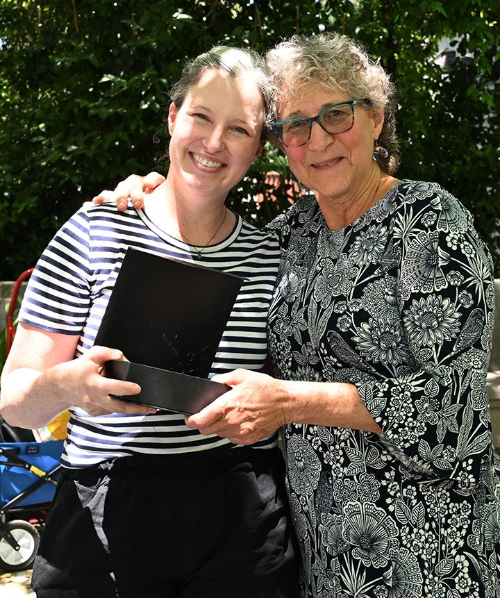 UC Davis distinguished emerita Diane Ullman (right) with assistant professor Emily Meineke at a Department of Entomology and Nematology retirement party. (Photo by Kathy Keatley Garvey)