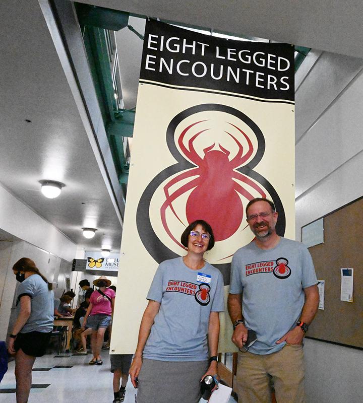 Professor Jason Bond with Professor Eileen Hebets of the University of Nebraska at the 2022 "Eight-Legged Encounters" open house, hosted by the Bohart Museum of Entomology and the American Arachnological Society.