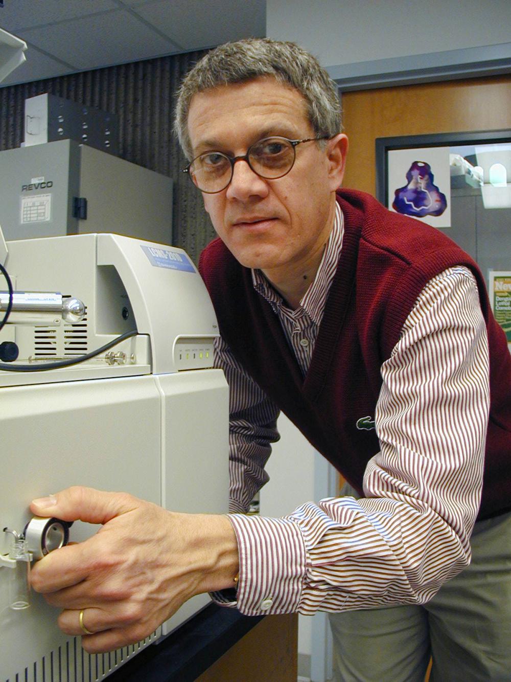 In this image, taken in 2006 and appearing in the American Entomologist, Walter Leal is analyzing the Japanese beetle odorant-degrading enzyme. (Photo by Kathy Keatley Garvey.)