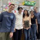 Molecular geneticist-physiologist Joanna Chiu, professor and chair of the UC Davis Department of Entomology and Nematology, won the Distinction in Mentoring Award from the Pacific Branch, Entomological Society of America and shared the good news with her lab. From left are Yao Cai and Nitrol Liu, postdoctoral scholars, Professor Chiu, and Christine Tabuloc and Sergio Hidalgo, postdoctoral scholars. All have a doctorate in entomology from UC Davis.  Cai, Liu and Tabuloc are all former entomology graduate stu